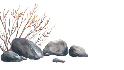 Naklejka premium a serene watercolor illustration featuring smooth rocks and delicate branches against a soft light background evoking a calm natural setting