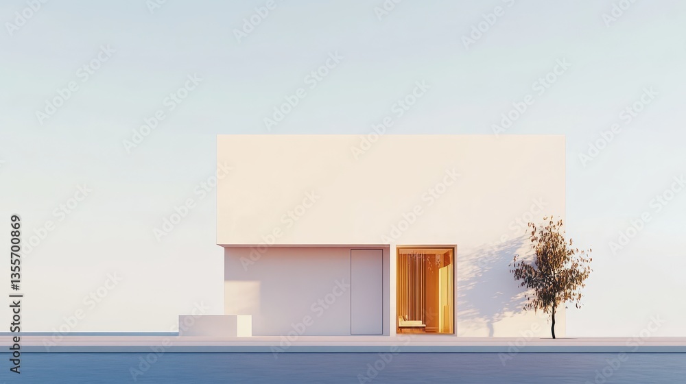 Aufkleber minimalist white house exterior with a small tree and open door, showcasing simple architecture and 