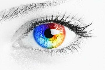 Rainbow Eye Close-up of human eye with colorful iris, isolated on white backdrop