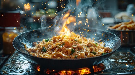 Flaming stir-fry showcase culinary art and vibrant atmosphere in food photography