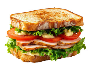 A freshly made turkey sandwich featuring thinly sliced turkey, fresh green lettuce, juicy red tomato slices, and creamy mayonnaise create a delicious and visually stunning composition. PNG file