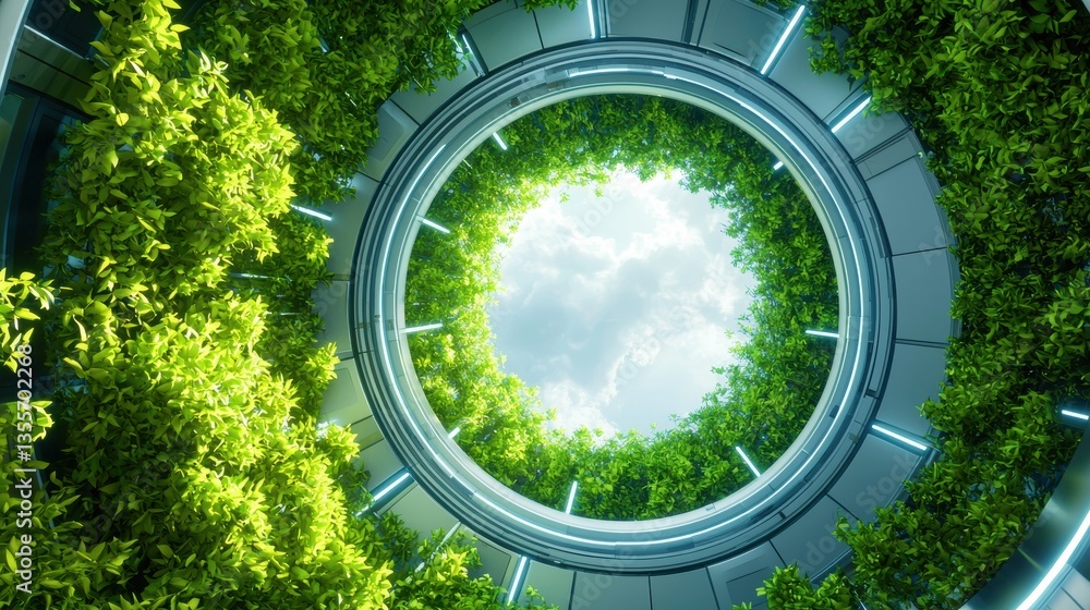 Poster a circular view from below, showcasing lush greenery surrounding a bright sky, symbolizing nature an