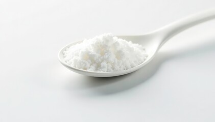 Single spoonful of white sugar against white backdrop, sweet, crystalline