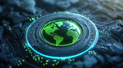 A digital representation of Earth with glowing green elements, surrounded by a futuristic circular design, set against a dark, textured background.