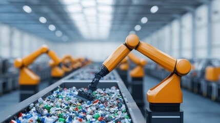 A robotic arm sorts plastic waste in a modern recycling facility, highlighting technology's role in sustainable waste management.