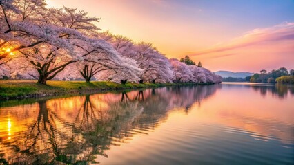 Obraz premium Serene Sunset Reflection of Blossom Trees on a Calm Lake