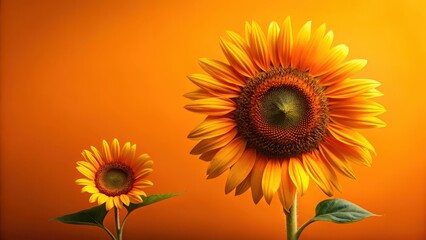 Obraz premium A vibrant pair of sunflowers against a warm, saturated orange backdrop, showcasing the beauty of nature's radiant blooms in a captivating display of contrasting sizes and sunny hues.