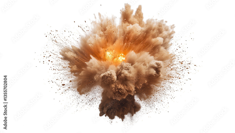 Poster large explosion characterized by a burst of smoke dust and debris creating a dramatic visual effect 
