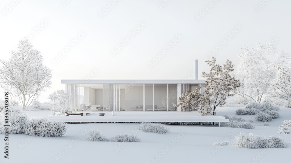 Poster minimalist white modern house architectural rendering with surrounding trees and shrubs.