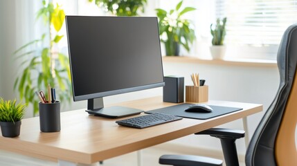 A modern workspace featuring a sleek desk, computer monitor, keyboard, mouse, and decorative plants for a fresh, productive environment.