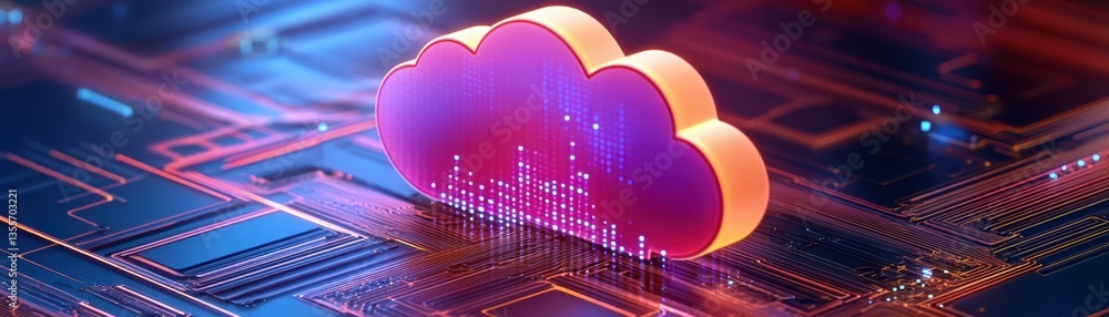 Poster a vibrant, digital cloud icon sits on a circuit board, symbolizing technology and cloud computing in