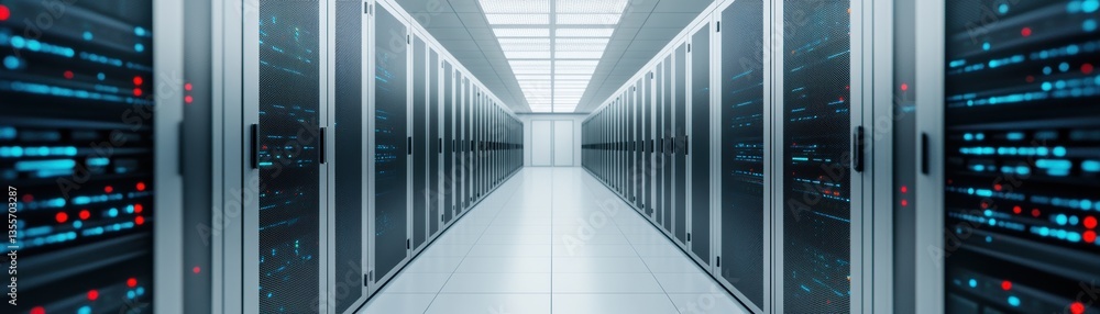 Poster a sleek server room filled with rows of servers, featuring blue and red lights, emphasizing a high-t