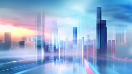 Fototapeta premium A futuristic cityscape featuring tall skyscrapers, vibrant colors, and a dreamy atmosphere, blending technology with an ethereal skyline.