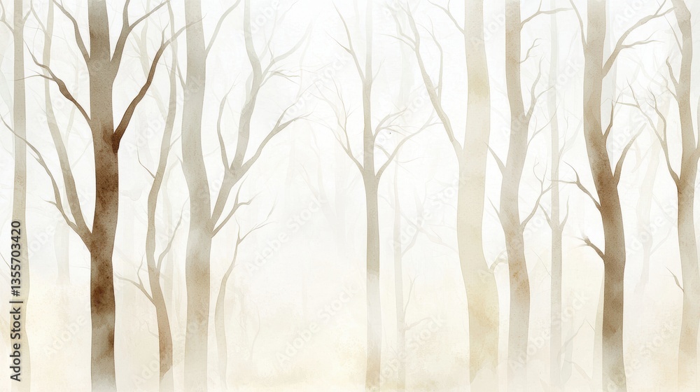 Poster a serene, misty forest scene with bare trees, creating a tranquil and ethereal atmosphere.