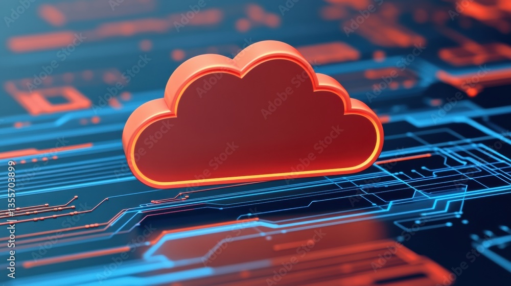 Poster a vibrant, 3d cloud icon illuminated against a digital circuit background, symbolizing cloud computi