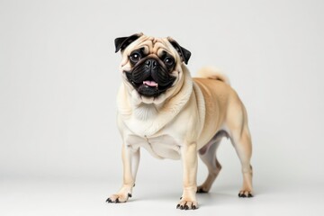 Solo pug in a striking pose on a seamless white backdrop, side profile, portrait, funny