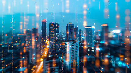 Fototapeta premium Dusk City Skyline with Digital Code Rain Overlay, High-Tech Business Hub Highlighted, Clean Aesthetic Urban Scene