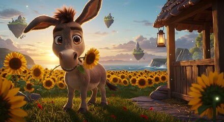 Cartoon Donkey Standing in Sunflower Field Holding Flower with Coastal View