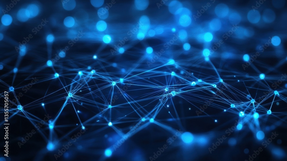 Poster Futuristic digital network concept with interconnected nodes in layered paper cut style featuring glowing blue gradients for a high-tech appearance