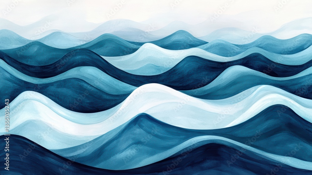 Poster a serene abstract depiction of waves in various shades of blue, creating a calming and fluid visual 