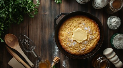 Warm Homemade Cornbread in Cast Iron Skillet with Honey and Butter