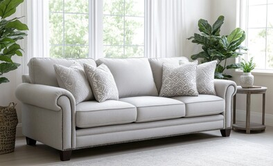 Light beige sofa in elegant living room with potted plants and large windows