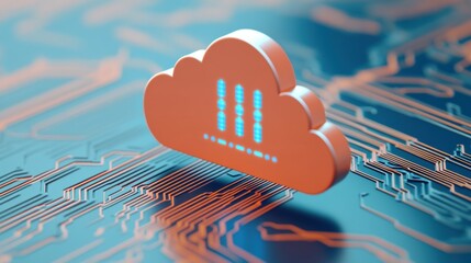 A digital cloud symbol overlaid on a circuit board background, representing cloud computing and technology.