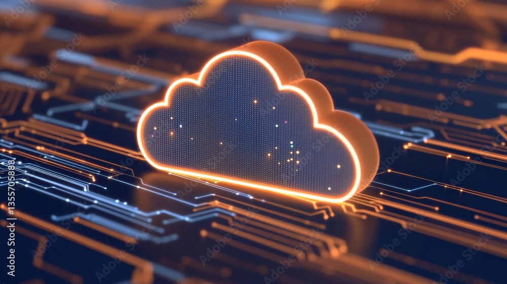 Poster a stylized cloud icon glows against a backdrop of digital circuit patterns, symbolizing cloud comput
