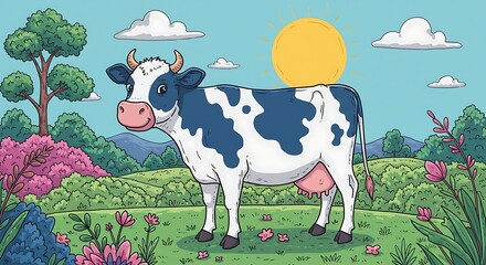 Cow Grazing in Sunny Meadow Cartoon Illustration Farm Animal Life