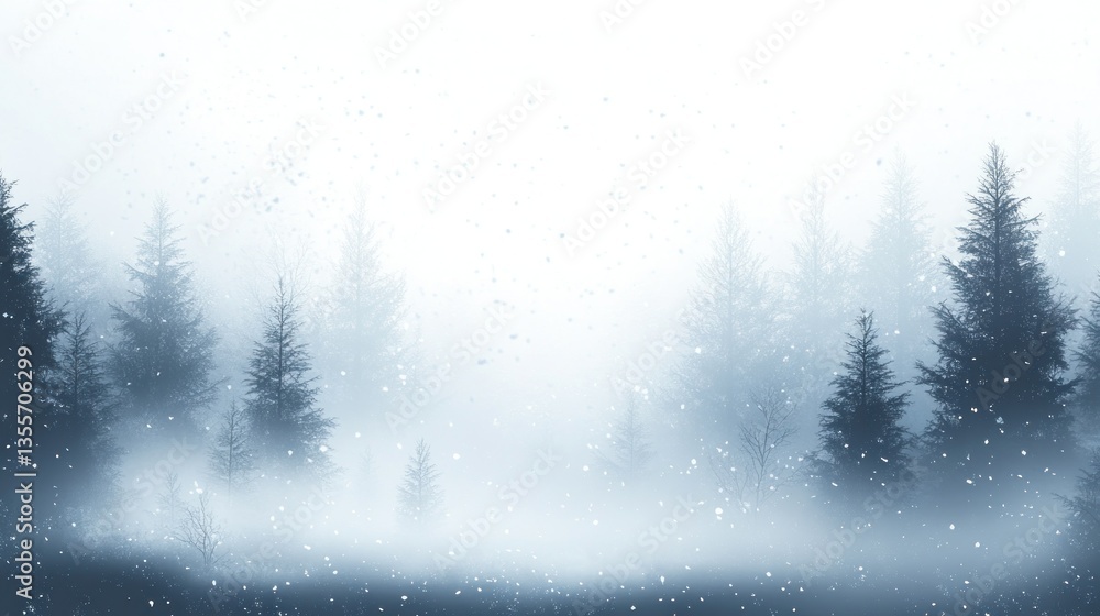 Poster misty winter forest scene with snow falling softly on pine trees.