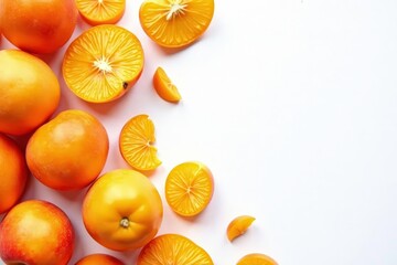 Sun-dried apricots, vibrant orange, scattered on white , dehydrated, design element