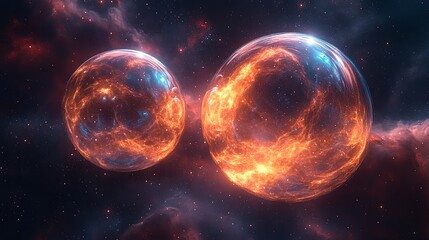 Fototapeta premium Two giant translucent bubbles overlapping symmetrically above and below a vivid galaxy surrounded by shimmering cosmic dust, symbolizing universe, cosmos, space, nebula, astronomy