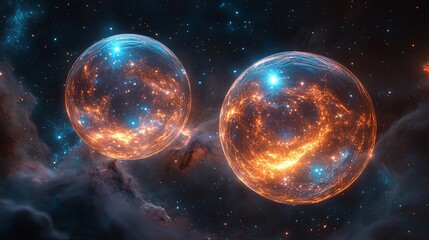 Fototapeta premium Two giant translucent bubbles overlapping symmetrically above and below a vivid galaxy surrounded by shimmering cosmic dust, symbolizing universe, cosmos, space, nebula, astronomy