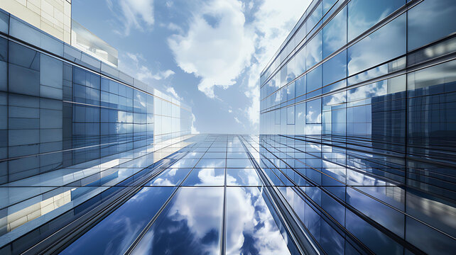 Contemporary Glass-Fronted Skyscraper Reflecting Lively Urban Skyline, Ideal for Corporate Branding and Marketing Concepts