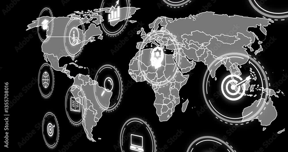 Poster animation of world map with digital icons showing global technology in school