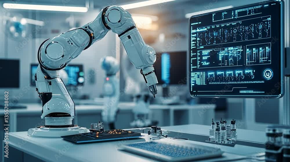 Poster robotic arm in lab: a high-tech robotic arm performs intricate tasks in a cutting-edge laboratory se