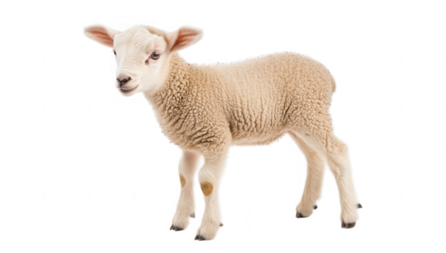 a cute fluffy lamb stands on a white background showcasing its soft wool and playful demeanor. innocence and charm of young livestock often associated with pastoral life