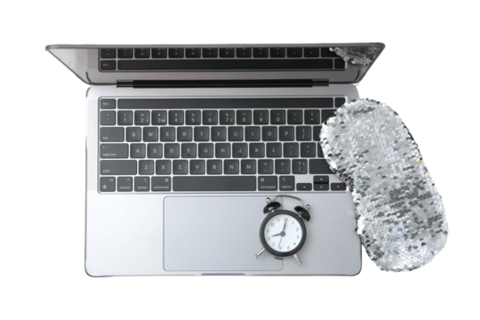 PNG, Alarm o’clock, laptop with sleep mask and alarm clock, isolated on white background