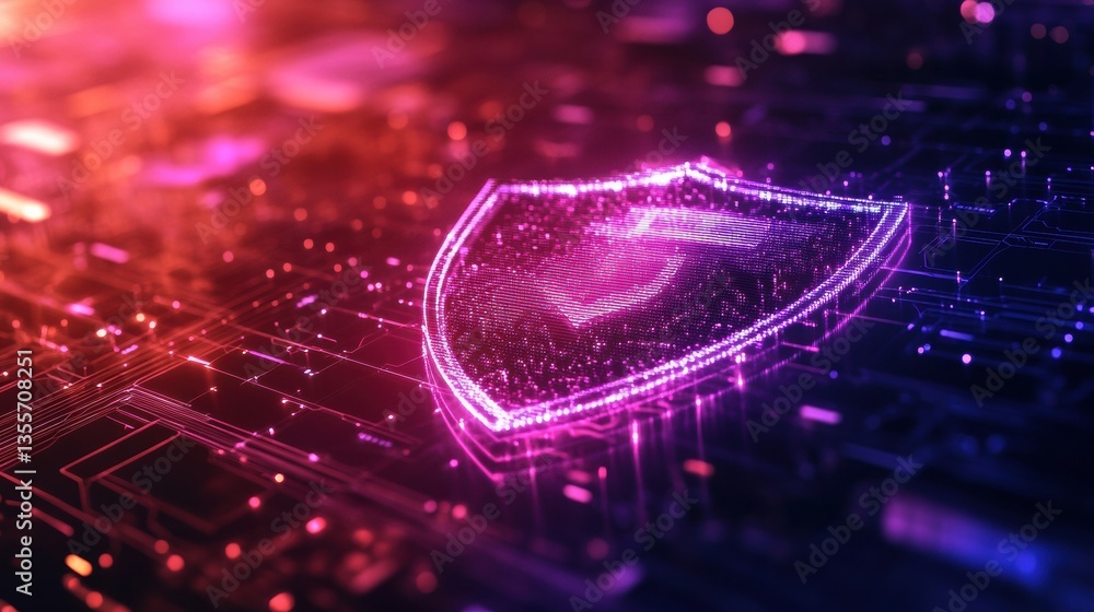 Poster Glowing shield symbol represents digital security with neon lights in a futuristic environment emphasizing safety and protection in technology