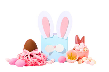 Easter decor: eggs & sweets, isolated on white, PNG