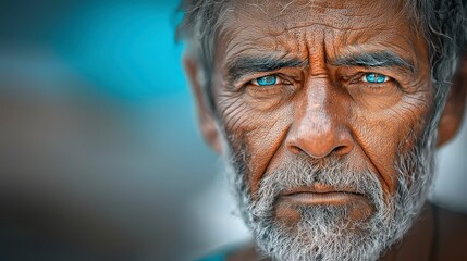 Close up Portrait of a Weathered Elderly Man with Striking Blue Eyes