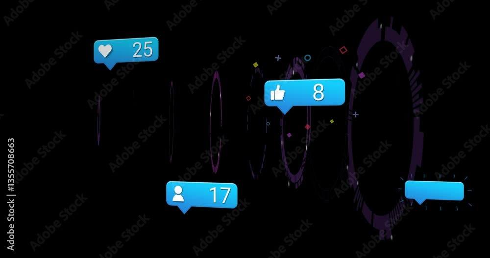 Poster floating social media notifications with colorful shapes on dark animation background