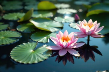 Water lilies bloom on serene lake surface, creating a natural floral pattern , lily pads, vibrant