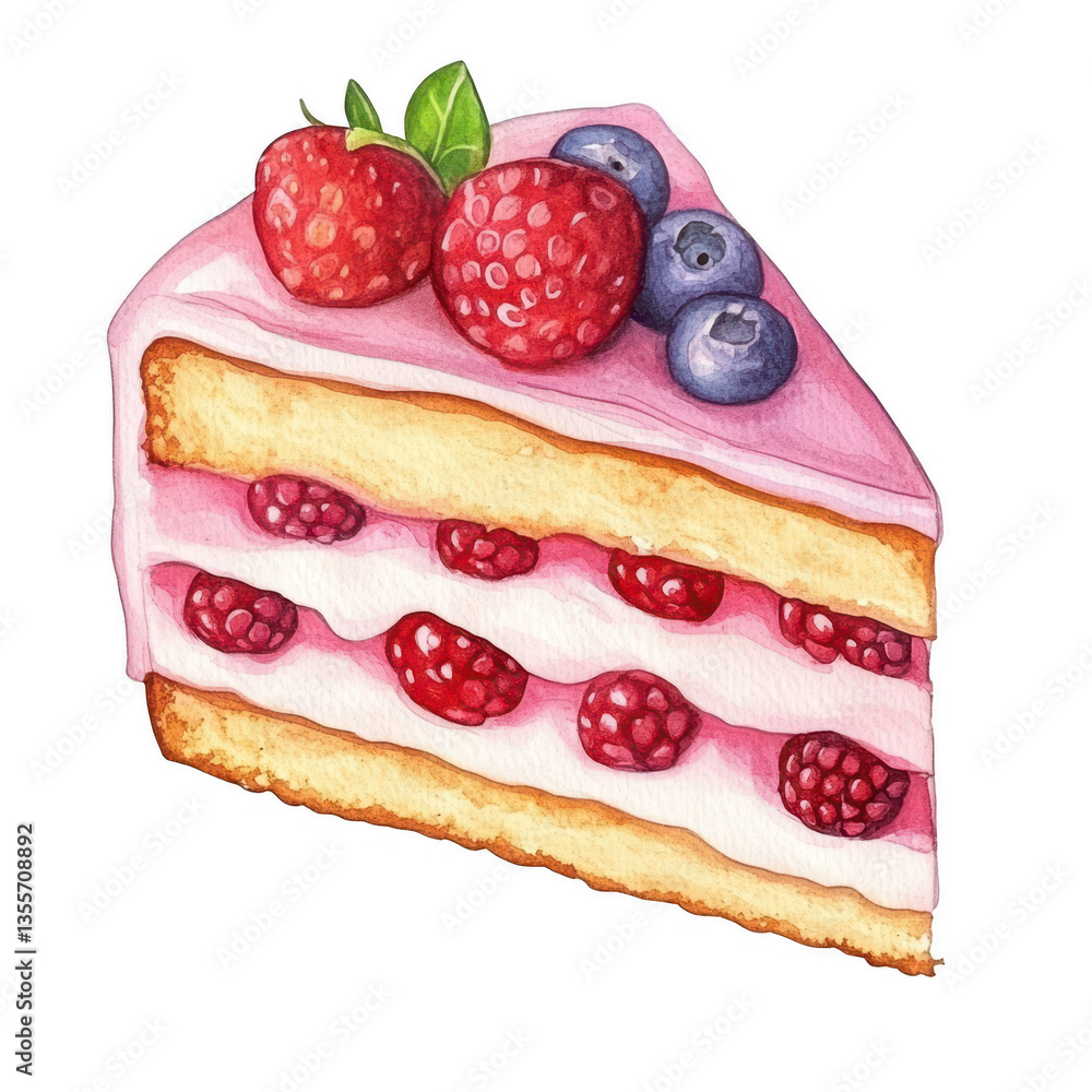 Poster a slice of cake featuring layers of sponge and raspberry filling topped with fresh raspberries and b