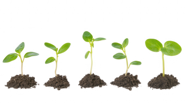 five stages of plant growth with small seedlings emerging from dark soil illustrating the process of germination and development