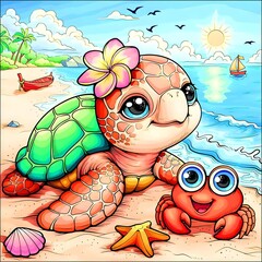 A turtle and a crab on the beach 