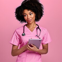 A beautiful female doctor in pink medical scrubs holding note pad on pink background 