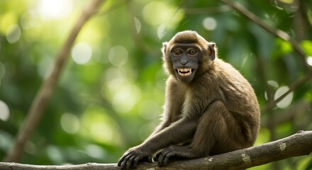 Obraz premium Monkey Smiling on Branch in Jungle Sunlight - Wildlife Portrait