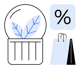 Glass dome with plants, percentage sign, and shopping bag represent eco-friendly consumerism, discounts, and sustainability promotion. Ideal for retail, nature, sustainability, eco shopping eco