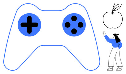 Large gaming controller with blue accents, apple outline, and a person pointing upwards. Ideal for gaming, technology, learning, design, creativity minimalism and education. Flat simple metaphor
